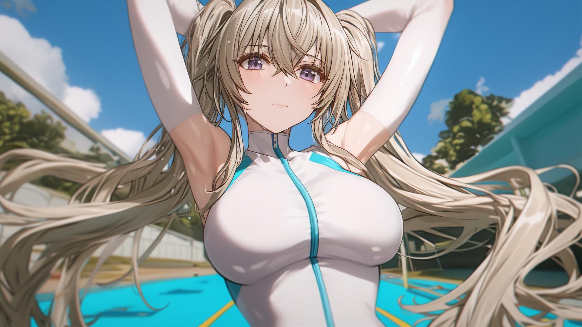 Irina Shidou from High School DxD by poolside under moonlight, violet eyes