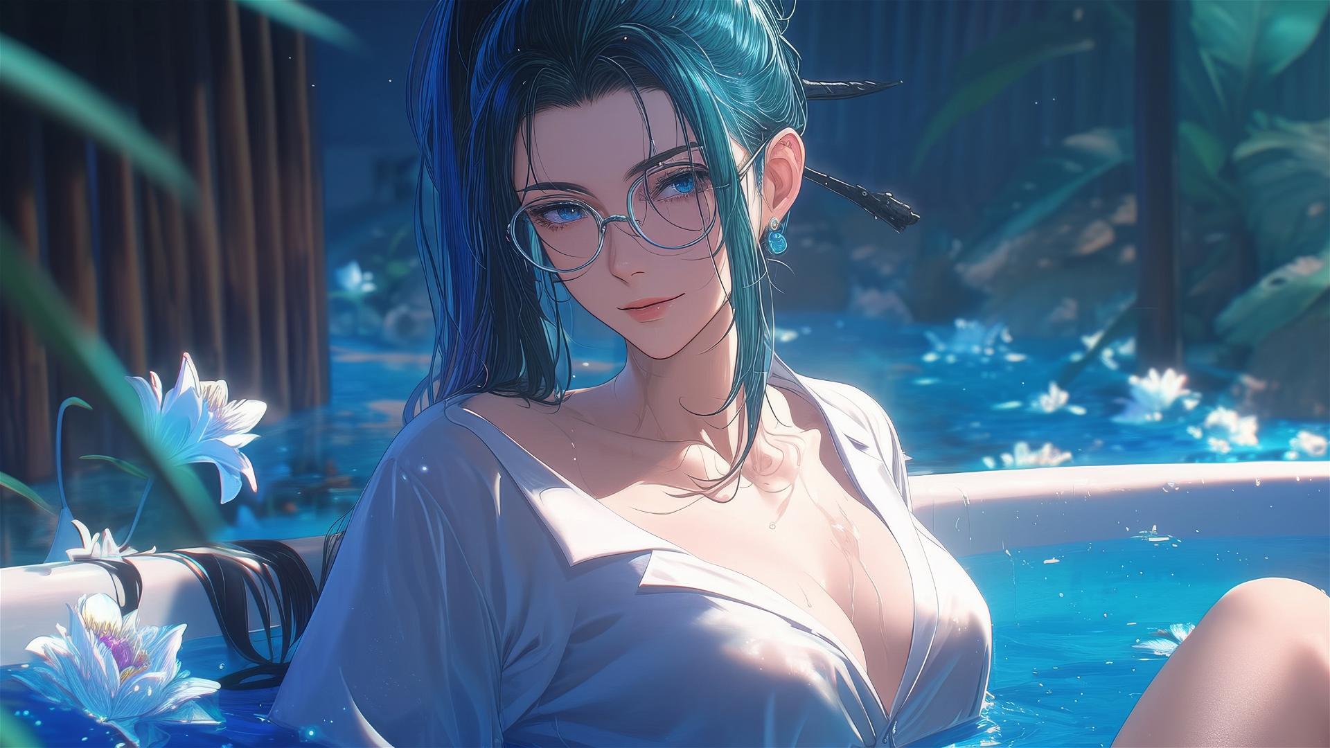 Maki Zenin from Jujutsu Kaisen in white pajamas, tub of flowers, Chinese spa