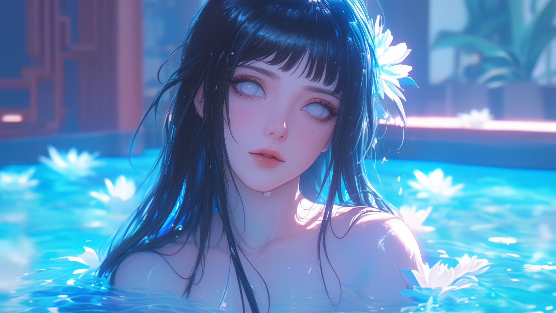 Hinata Hyuga from Naruto in a tub of flowers in a Chinese spa