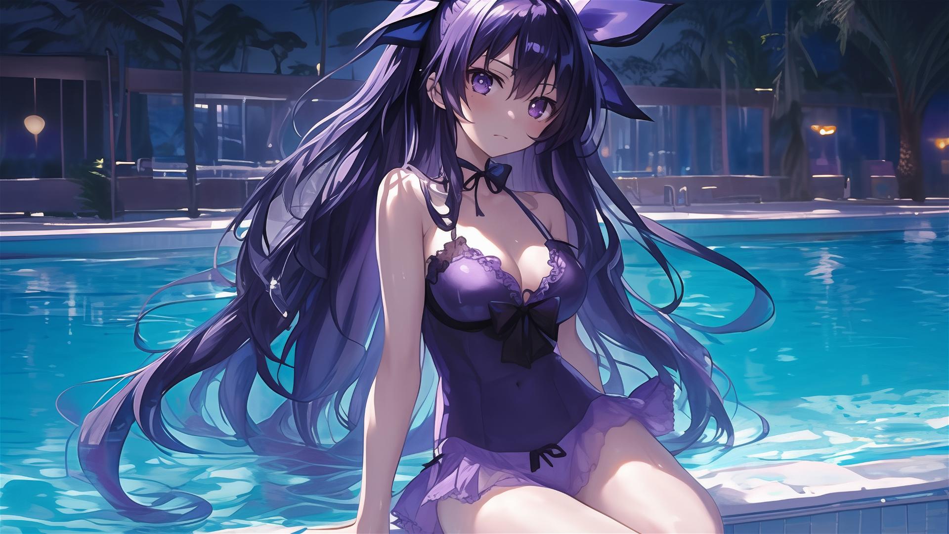 Tohka Yatogami from Date A Live standing in a pool under moonlight with a glowing figure, dark-purple hair, and eyes.