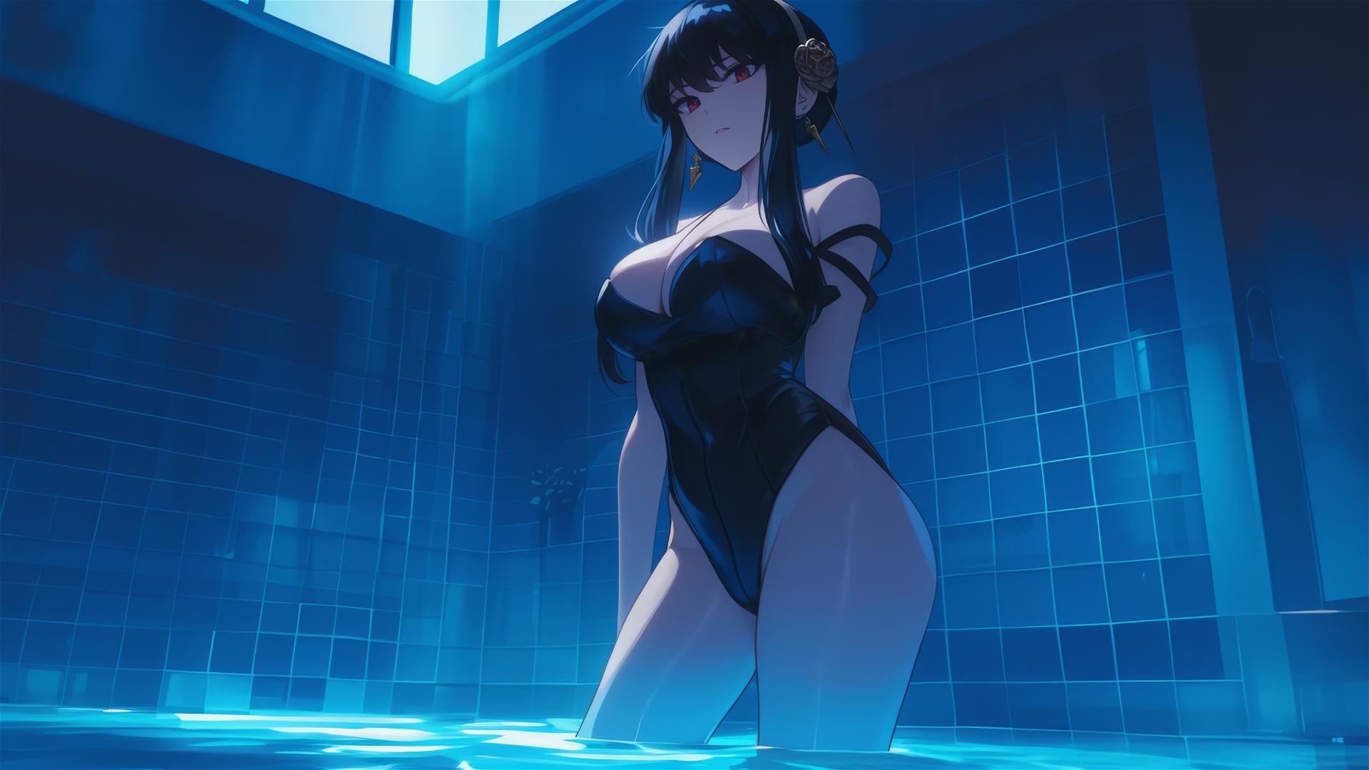 Yor Forger from Spy x Family in a bunny girl outfit in the moonlit pool