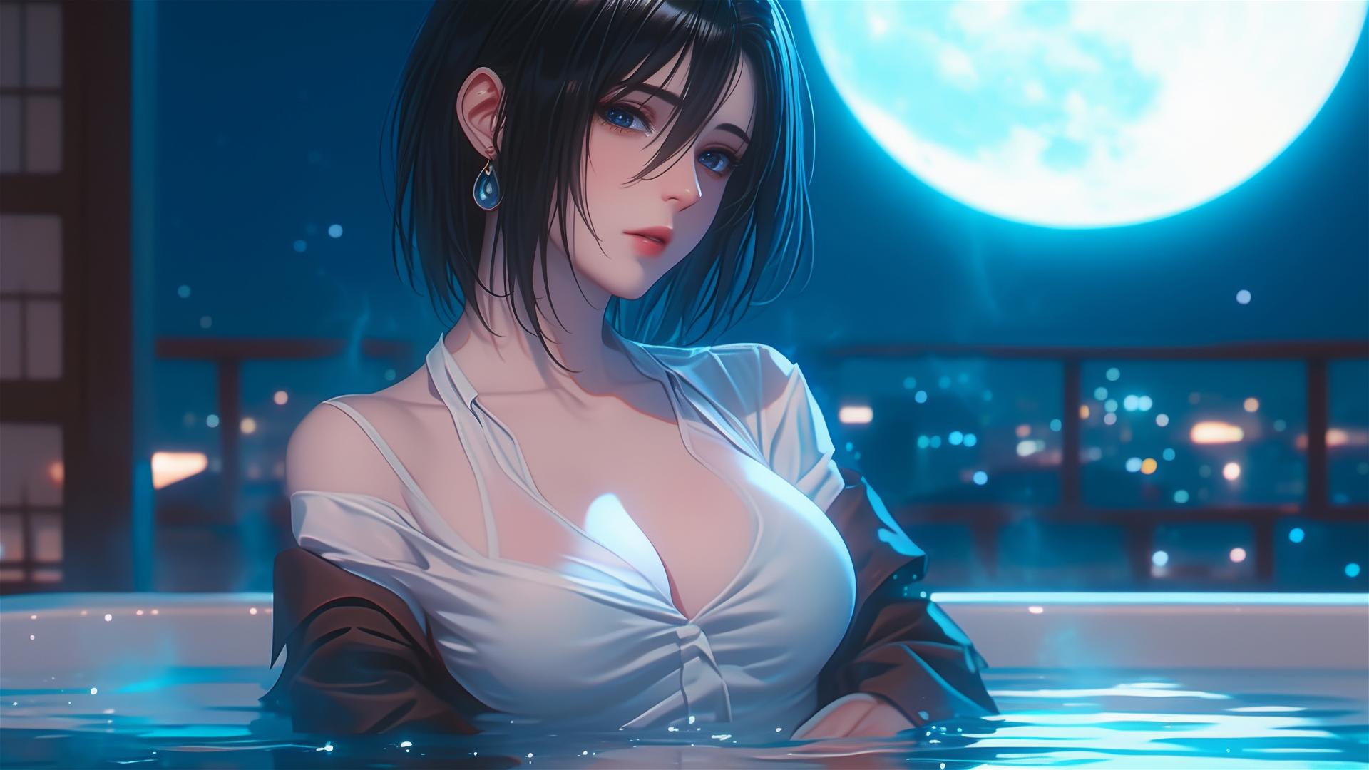 Mikasa Ackerman from Attack on Titan resting in tub with the moonlight casting a soft glow