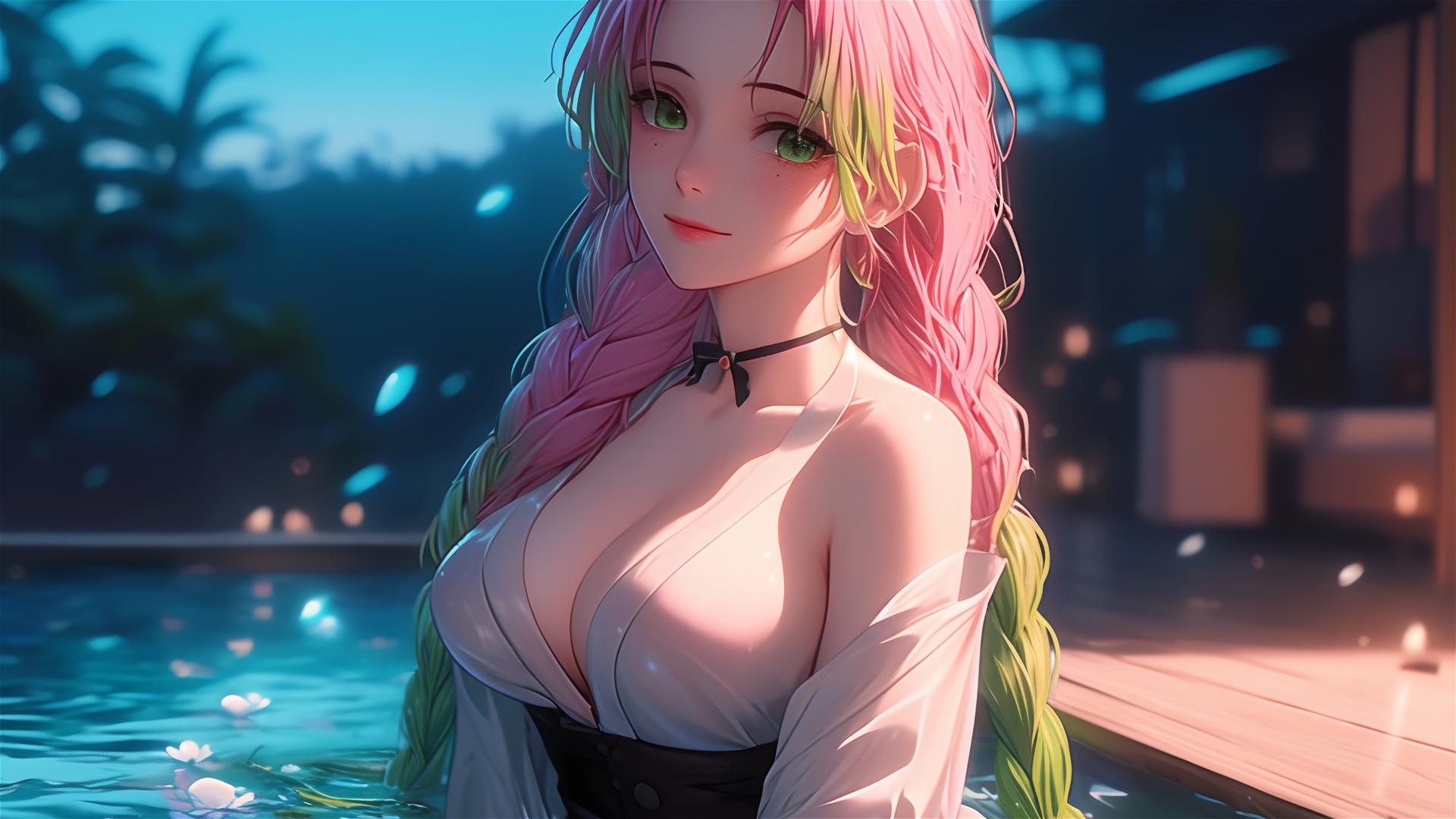 Mitsuri Kanroji from Demon Slayer resting in an apartment tub, moonlight casting a soft glow on her figure and pink hair that fades into lime green