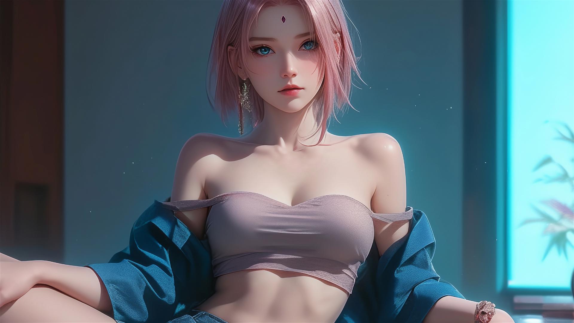 Sakura Haruno resting in a Japanese house under moonlight