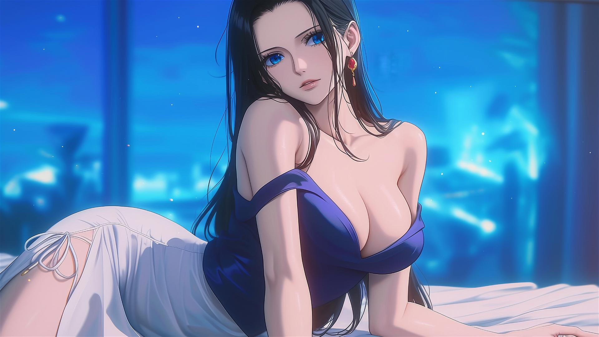 Nico Robin from One Piece in a modern hotel room, moonlight on her, wearing a pure white dress.
