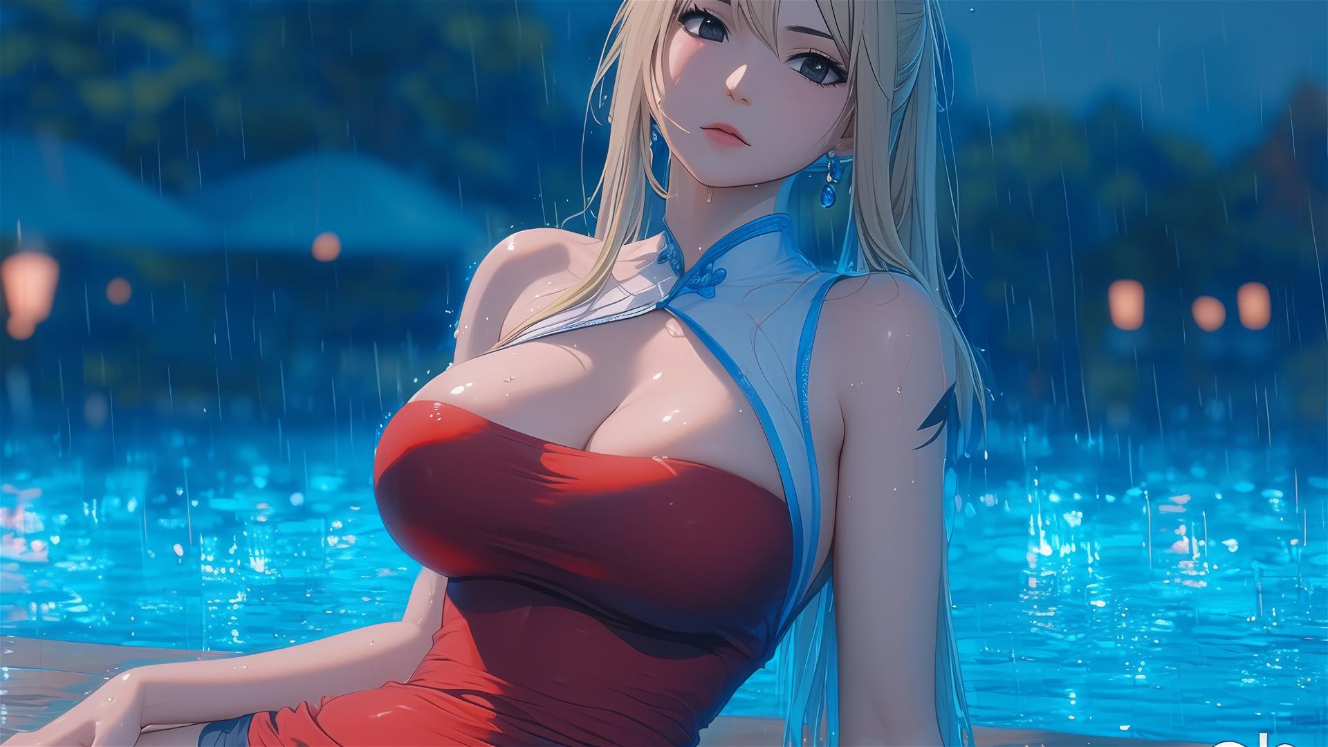 Lucy Heartfilia resting by a rainy swimming pool under moonlight in a red dress.