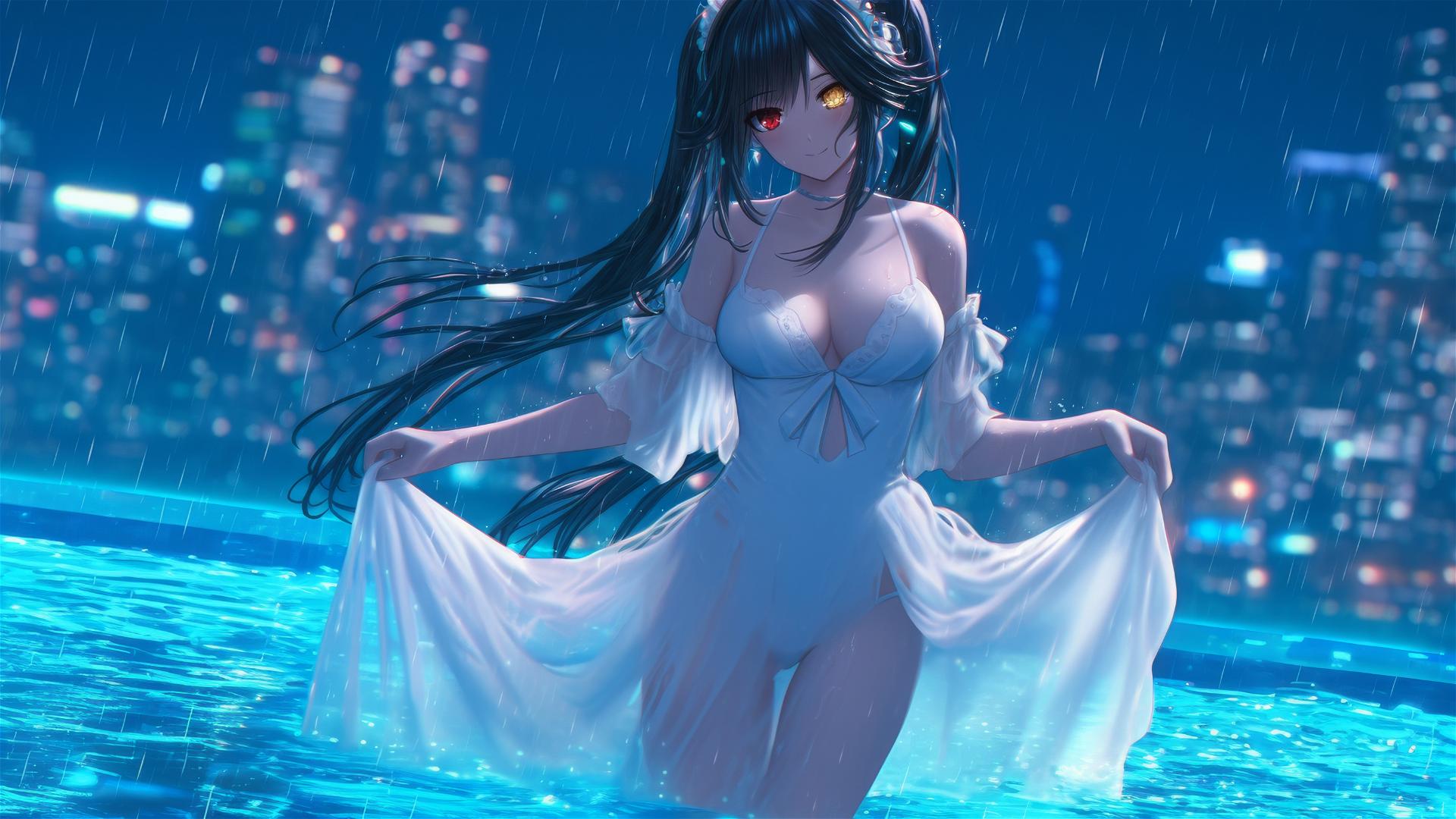 Kurumi Tokisaki from Date A Live standing in a rainy pool, moonlight glow, white dress.