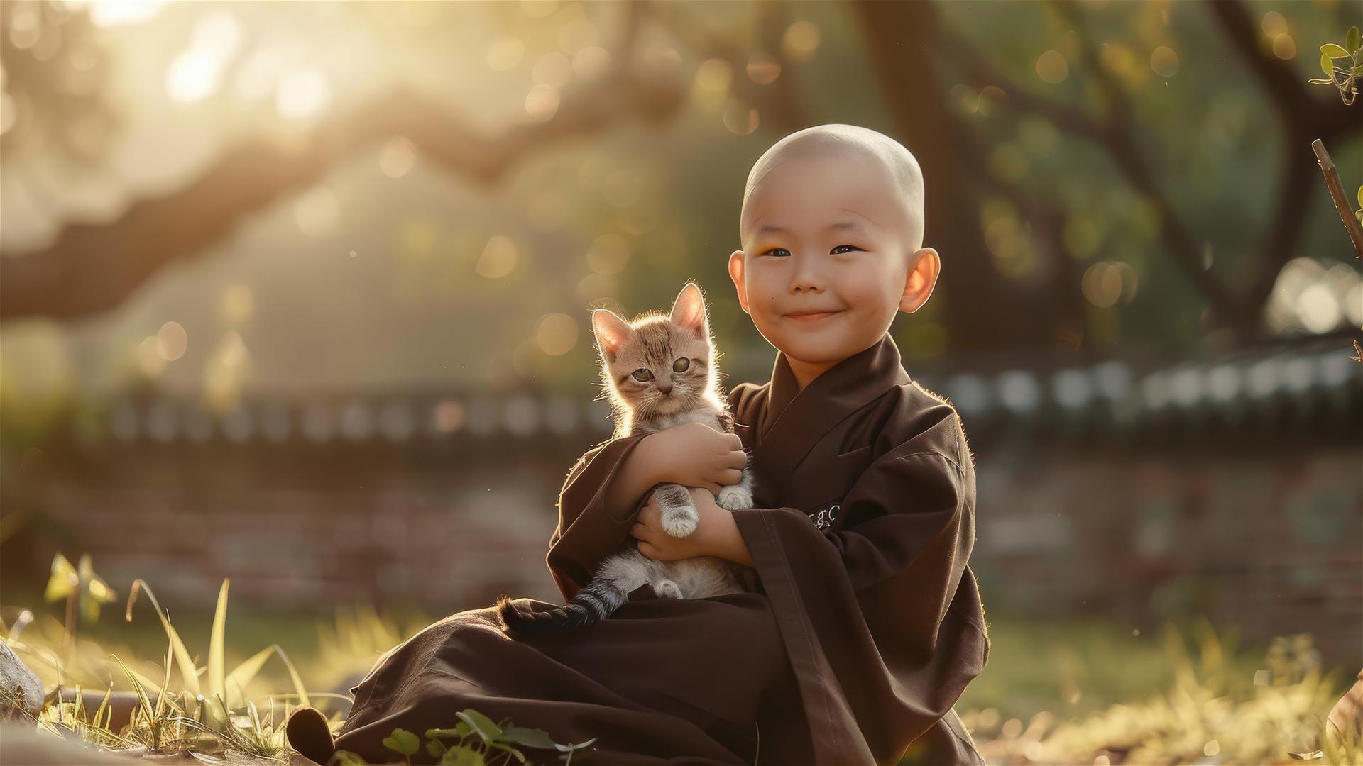 Young bald monk in brown robe holding kitten, smiling in sunlight