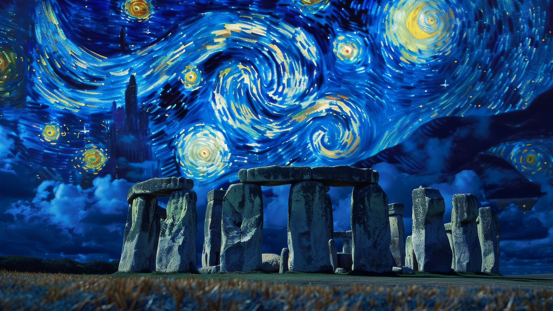 Realistic Stonehenge with swirling starry sky akin to van Gogh's Starry Night