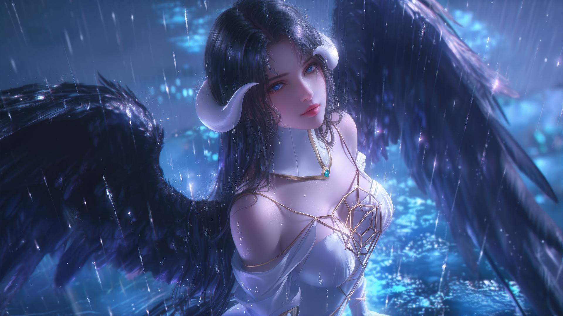 Albedo in white dress posing in rain under moonlight, water reflection visible