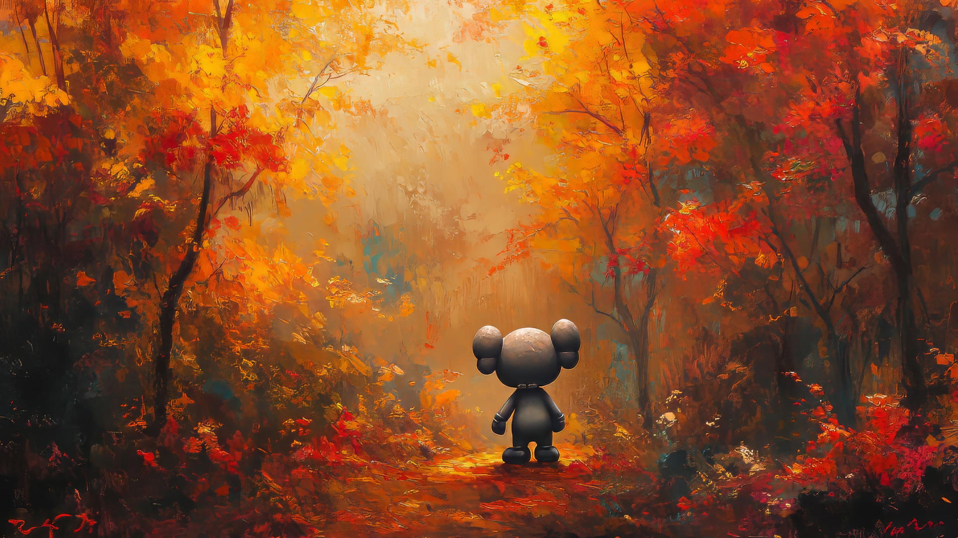Kaws artwork in impressionistic autumn landscape with falling leaves