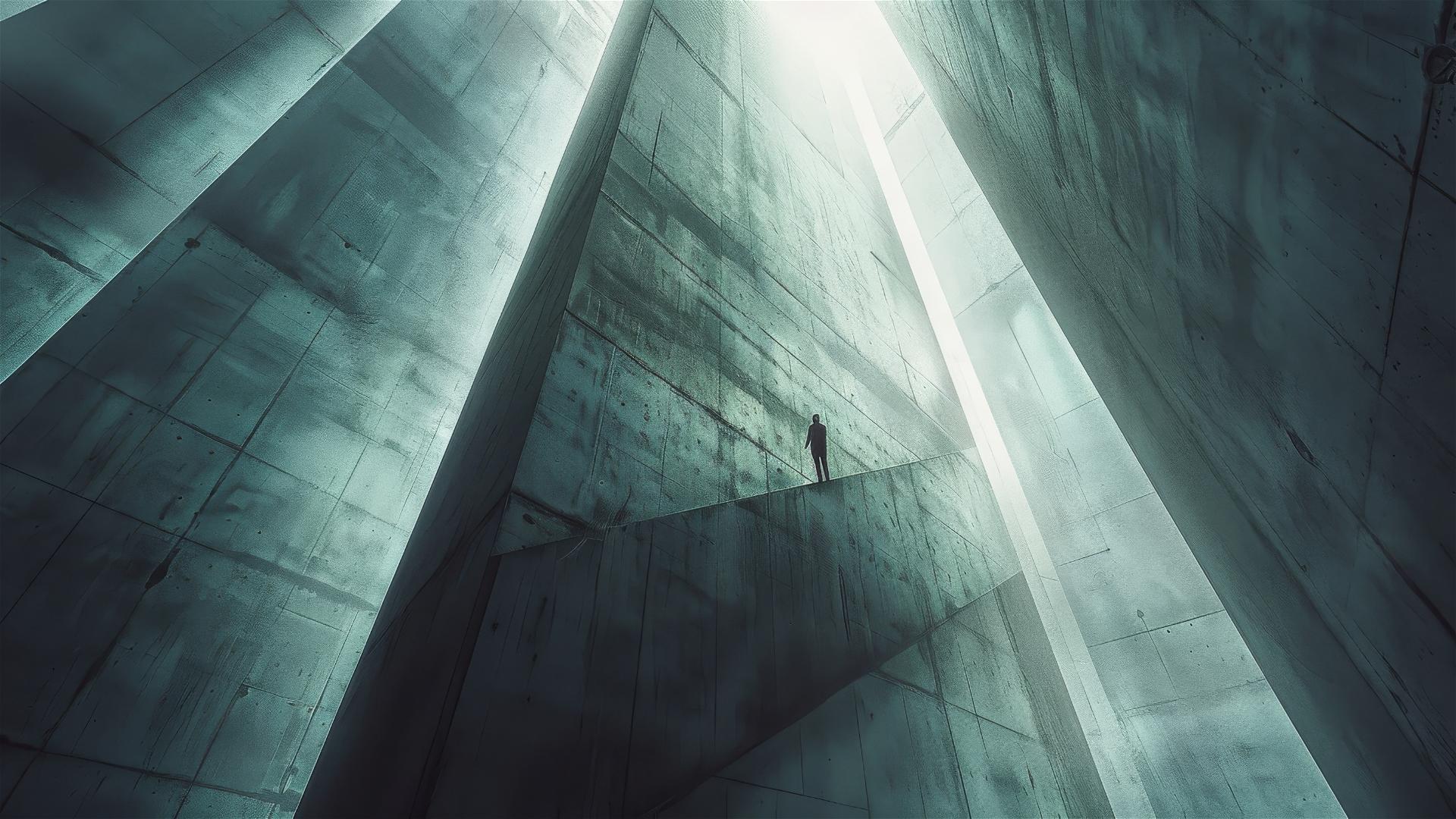Man tiny against vast brutalist concrete wall, dramatic lighting
