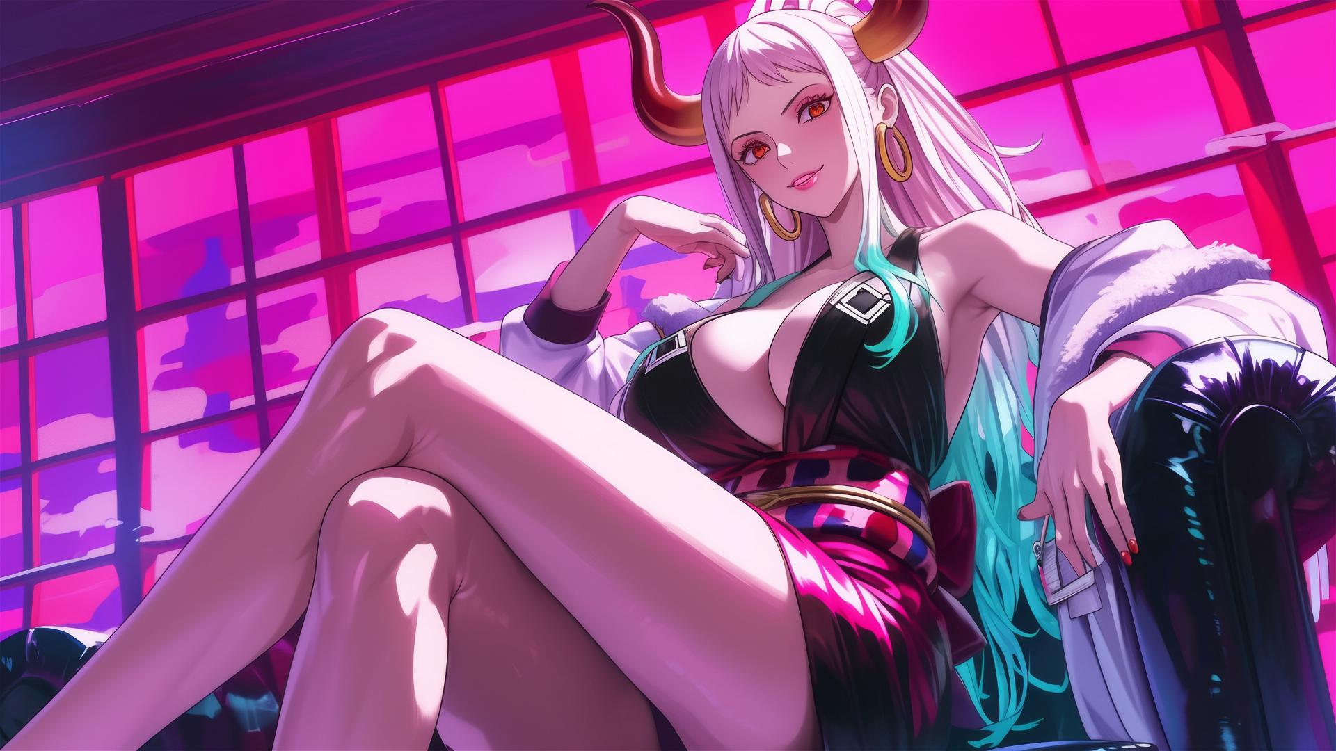 Yamato from One Piece in neon-lit black and pink leather attire.