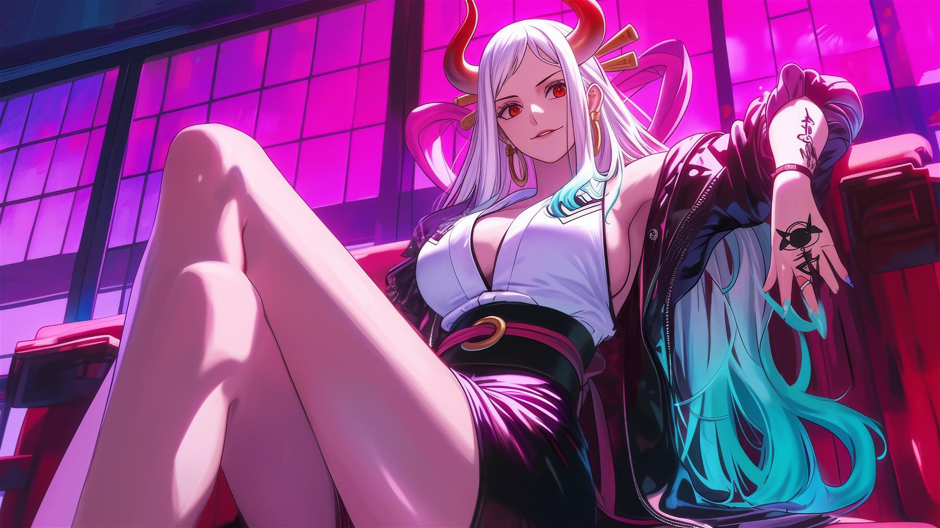 Yamato from One Piece in black and pink leather, neon-lit.