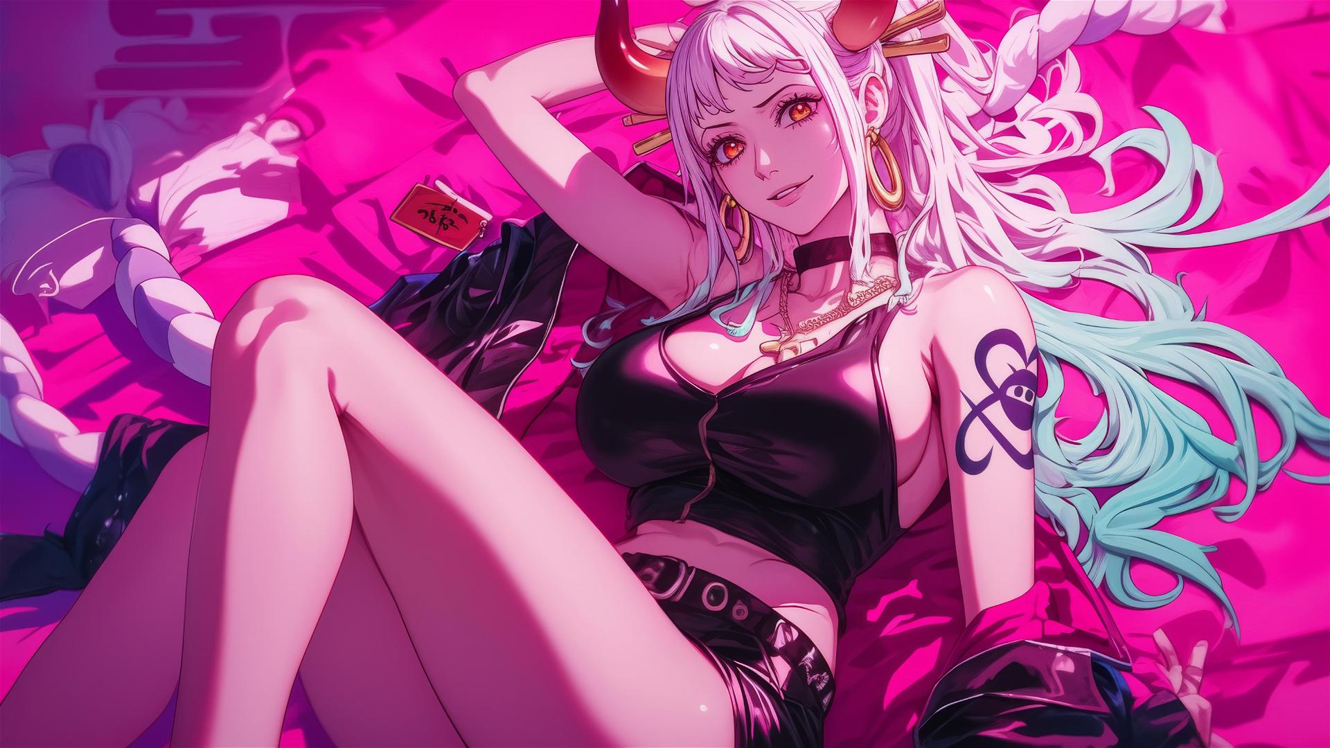 Yamato from One Piece in black and pink leather on a bed, neon pink light.