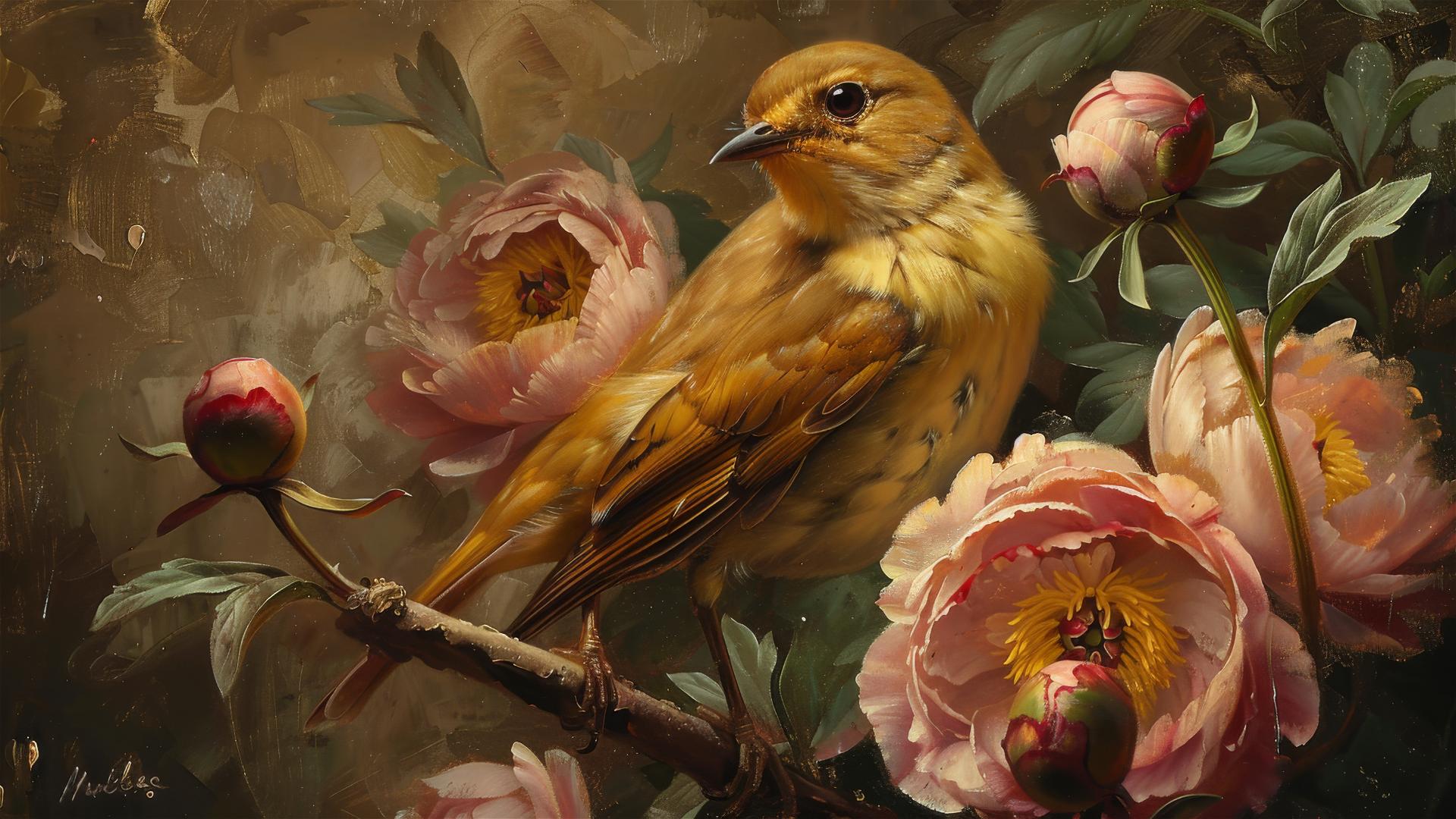Vintage oil painting of a bird with peonies in deep, elegant colors