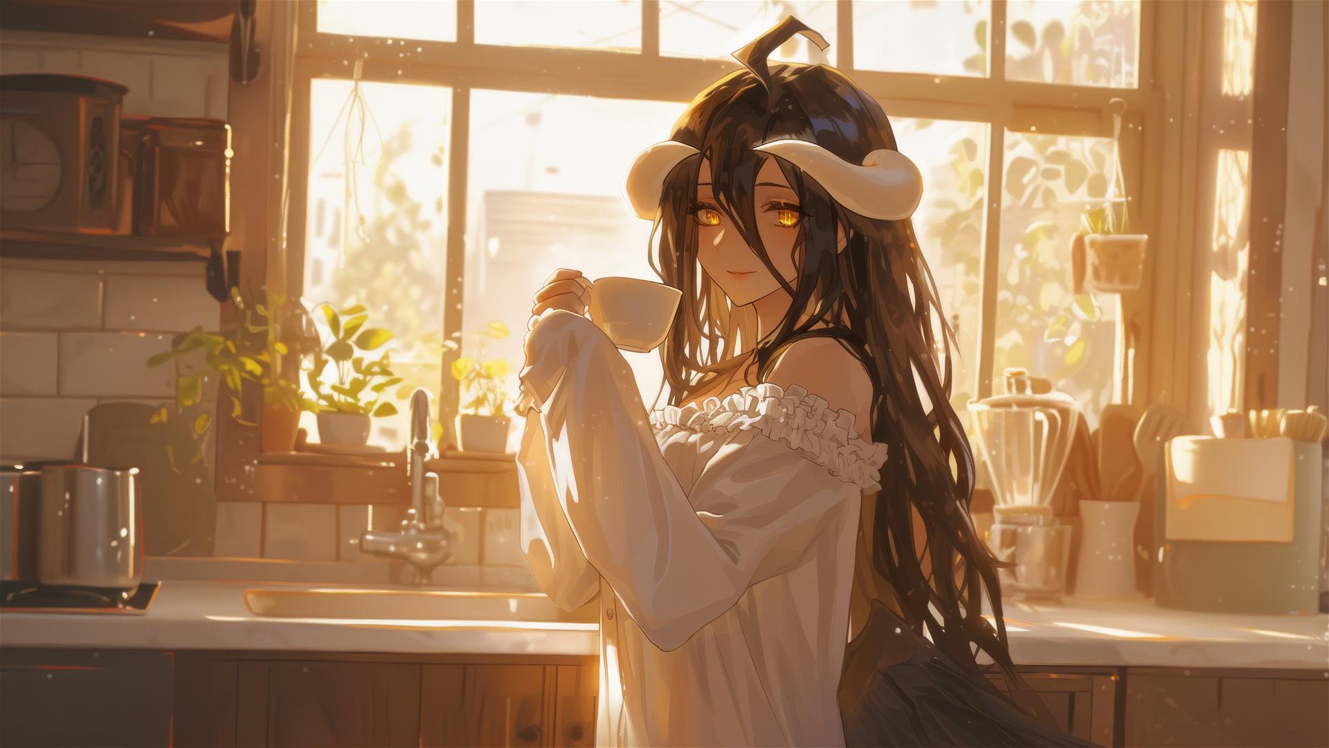 Albedo in white silk pajamas sipping coffee by a window at sunrise.