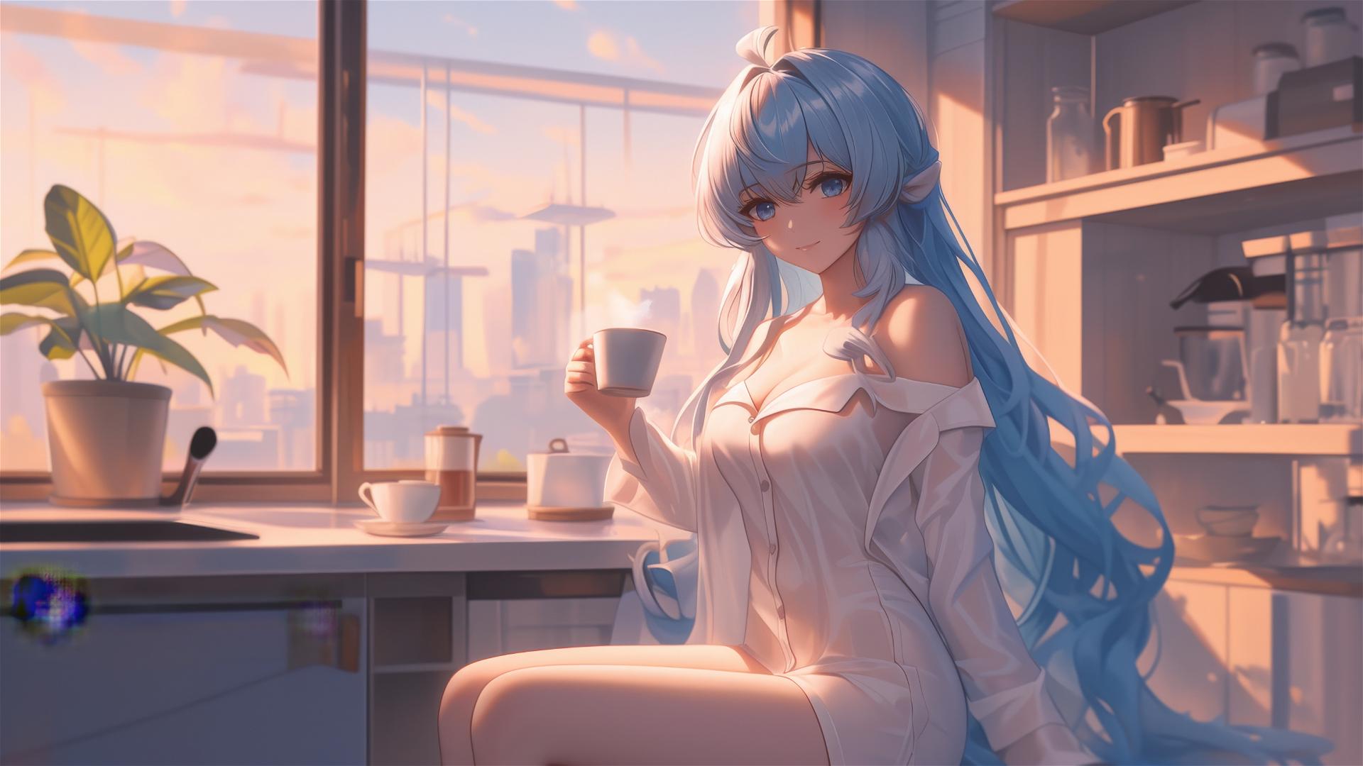 Esdeath in white silk pajamas with coffee at sunrise.