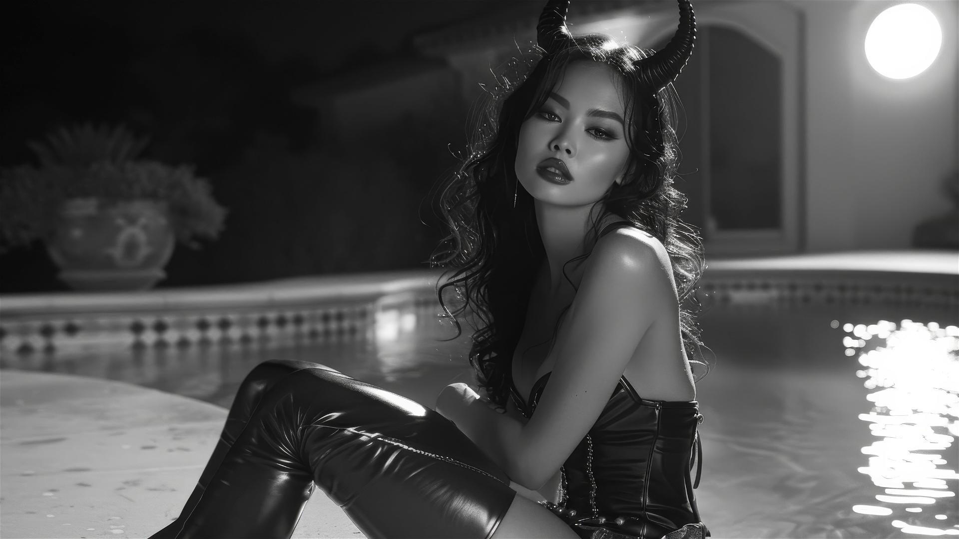 Asian demoness in boots by poolside in moonlight