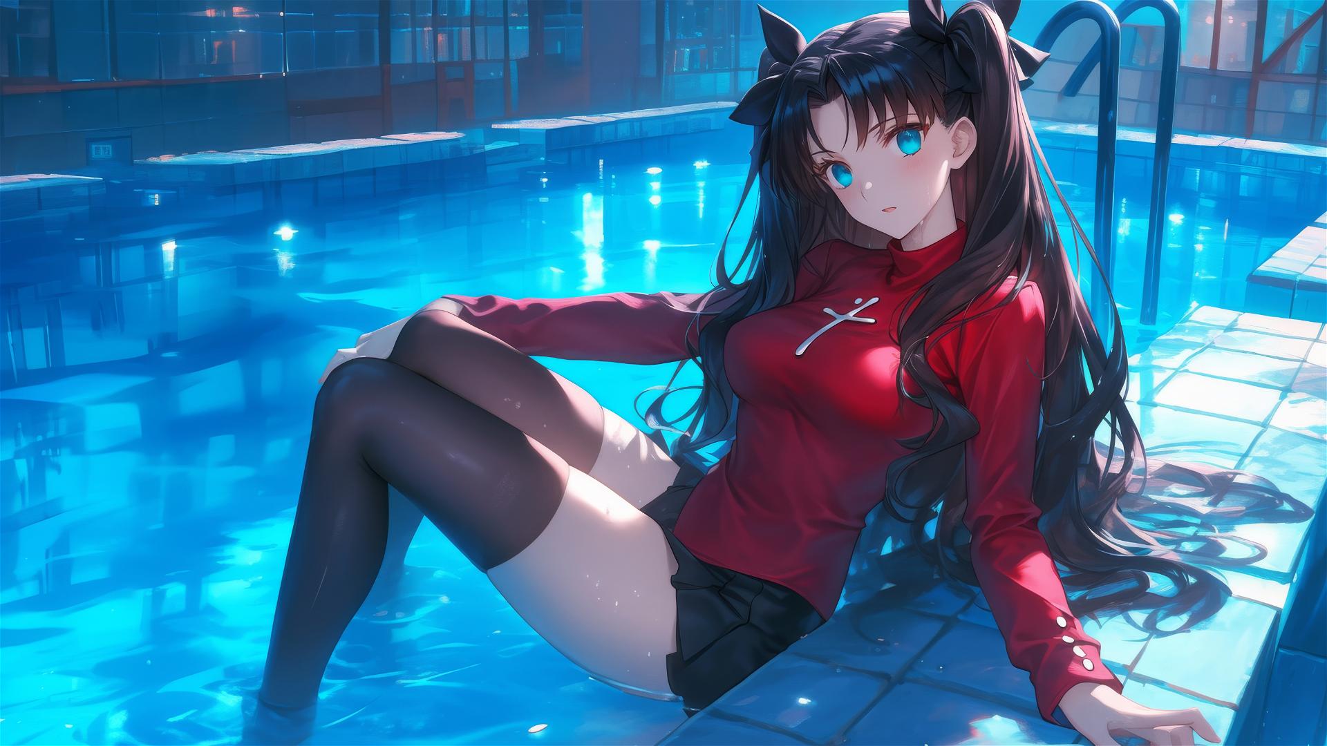 Rin Tohsaka from Fate/stay night resting in pool under moonlight