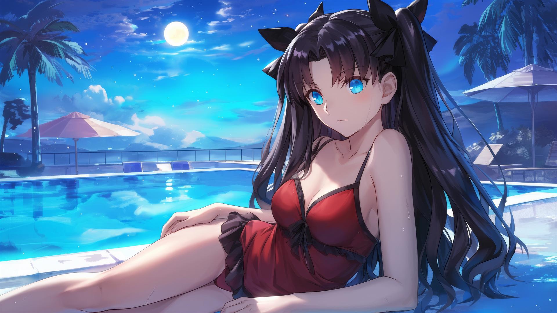 Rin Tohsaka resting by pool with moonlight glow