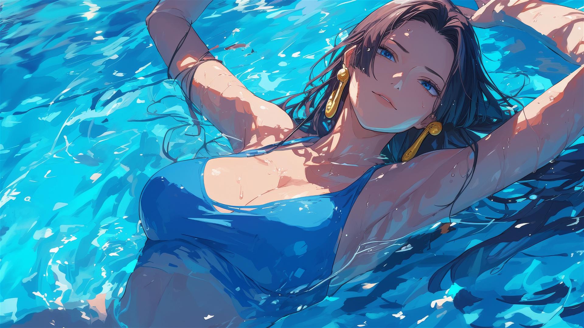 Boa Hancock from One Piece swimming in a pool under moonlight