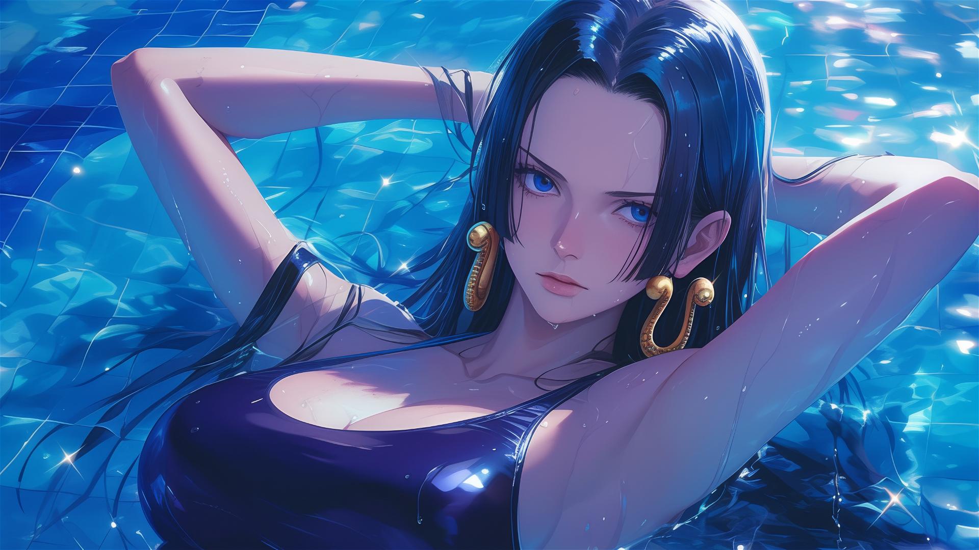 Boa Hancock from One Piece standing in a pool under moonlight