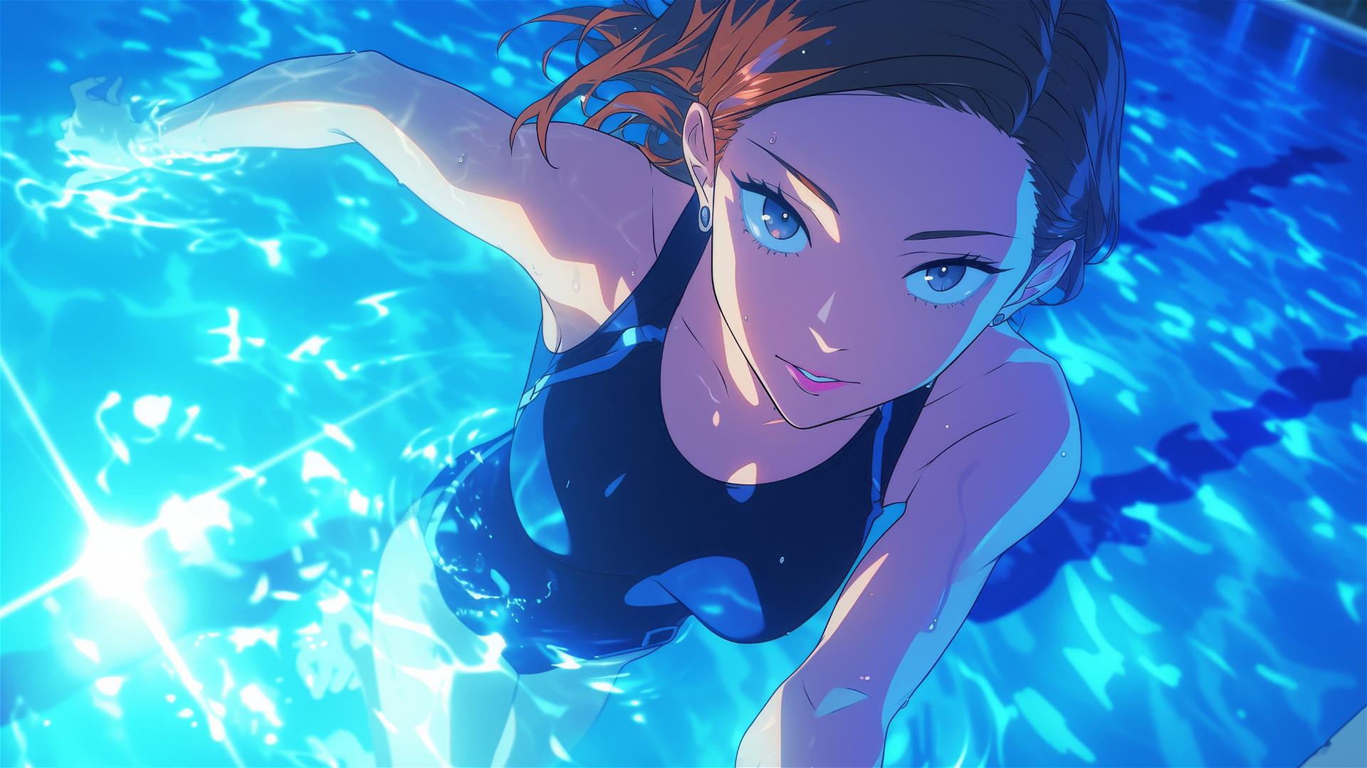 Nobara Kugisaki from Jujutsu Kaisen swimming in moonlit pool
