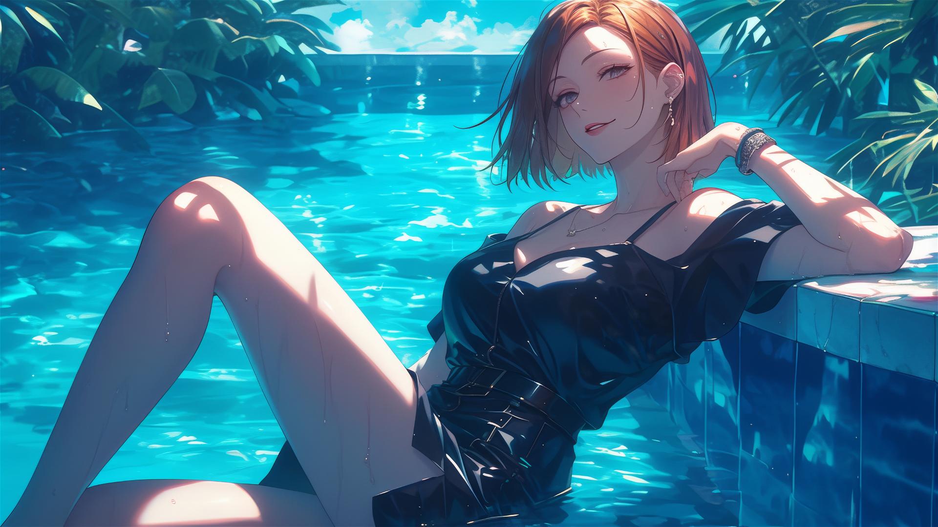 Nobara Kugisaki from Jujutsu Kaisen resting by pool under moonlight