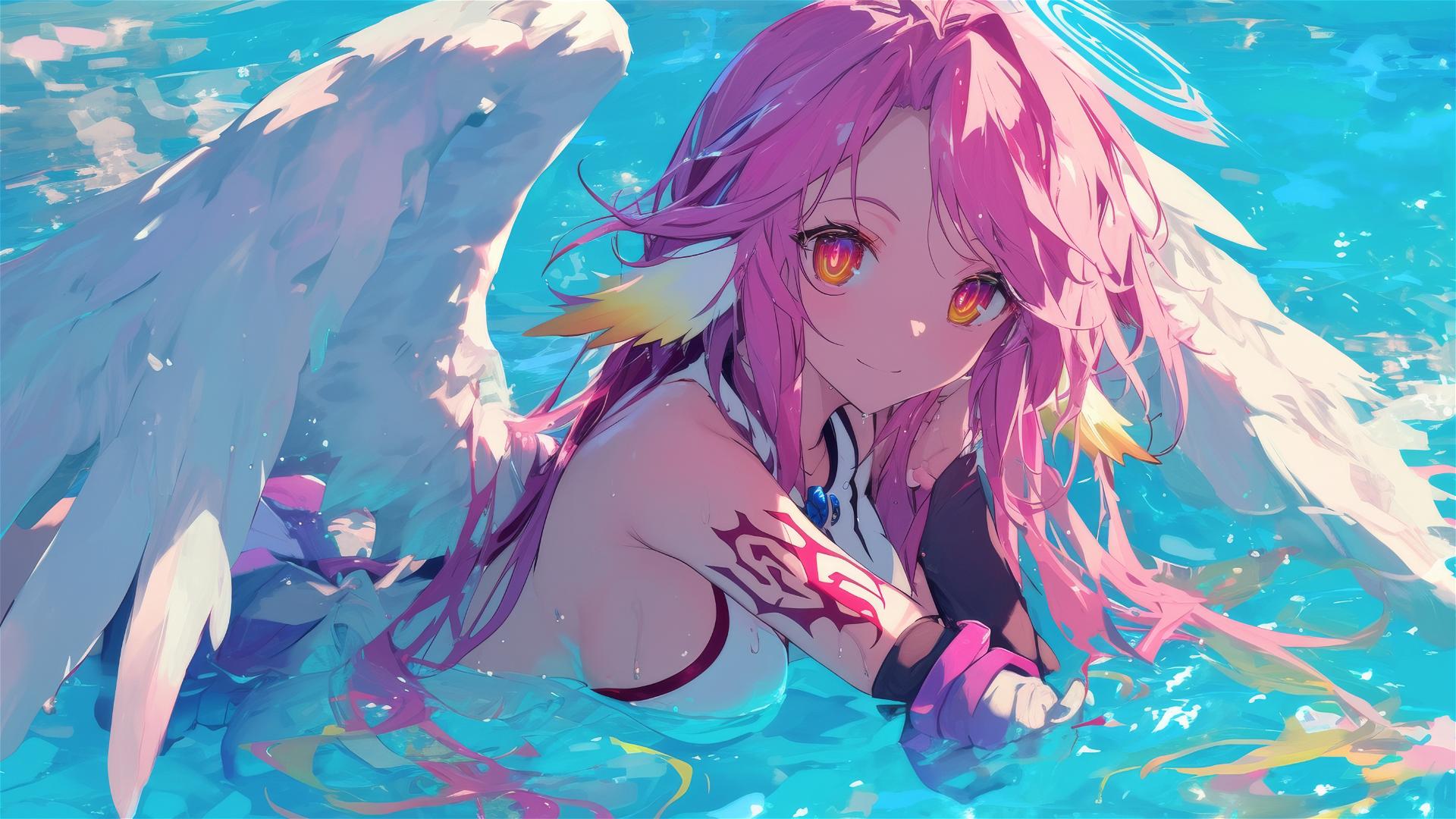 Jibril from No Game No Life swimming in a moonlit pool