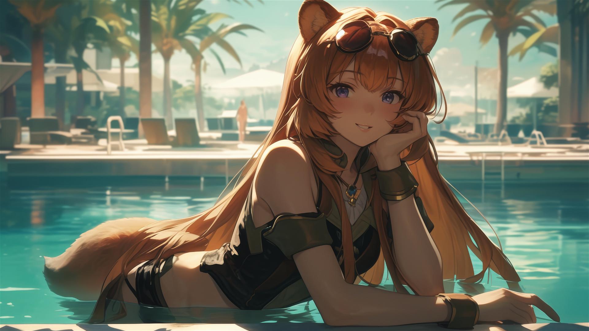 Raphtalia resting by pool under moonlight