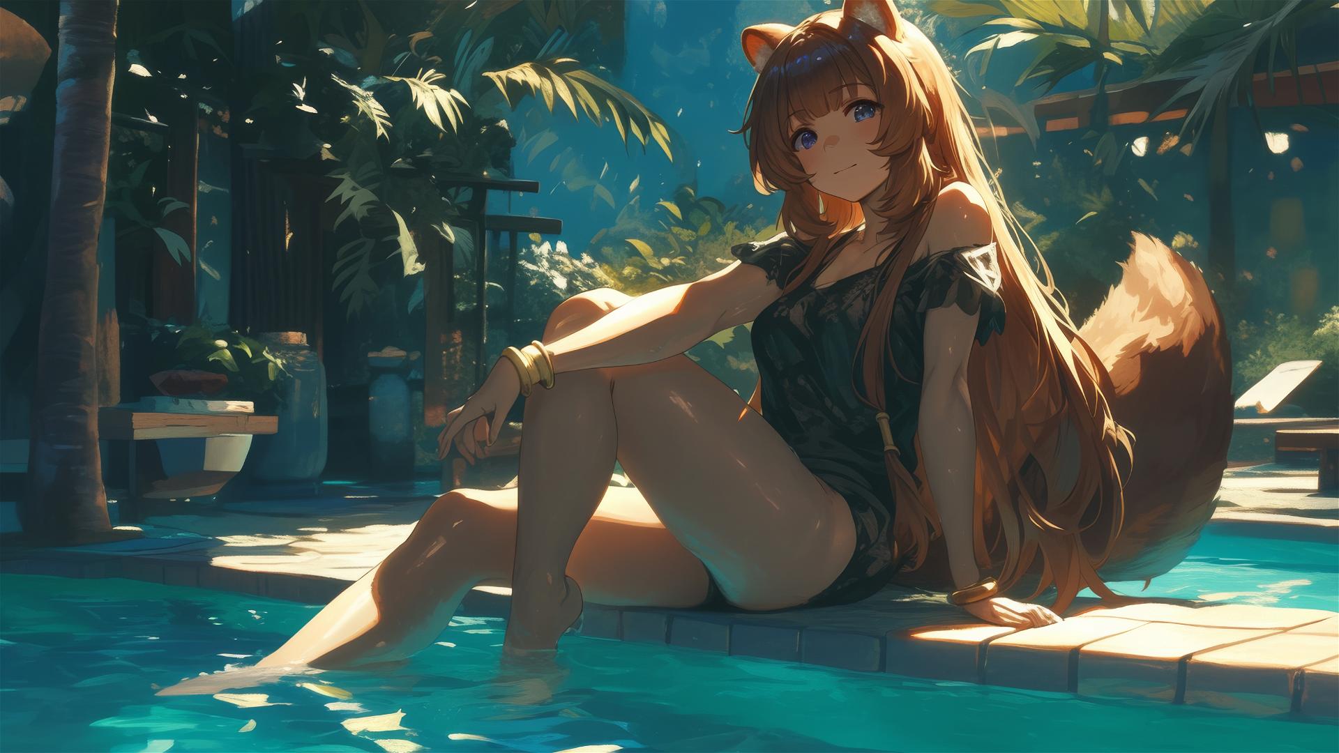Raphtalia from The Rising of the Shield Hero resting by the pool under moonlight