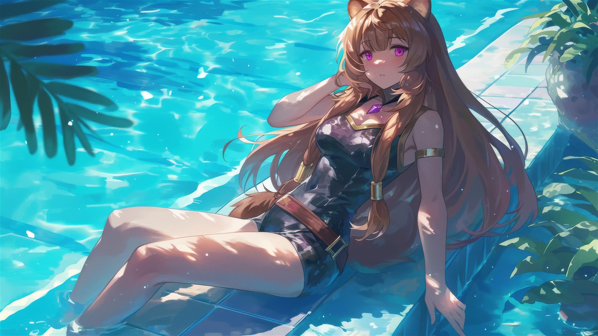 Raphtalia by the pool under moonlight