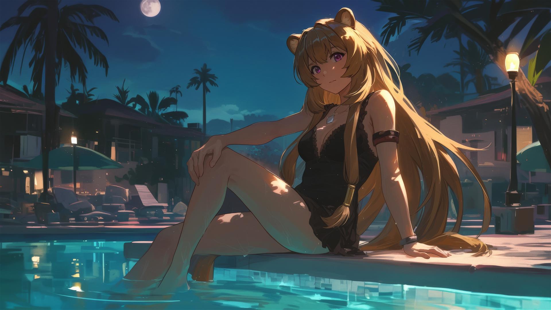 Raphtalia from The Rising of the Shield Hero resting by pool under moonlight