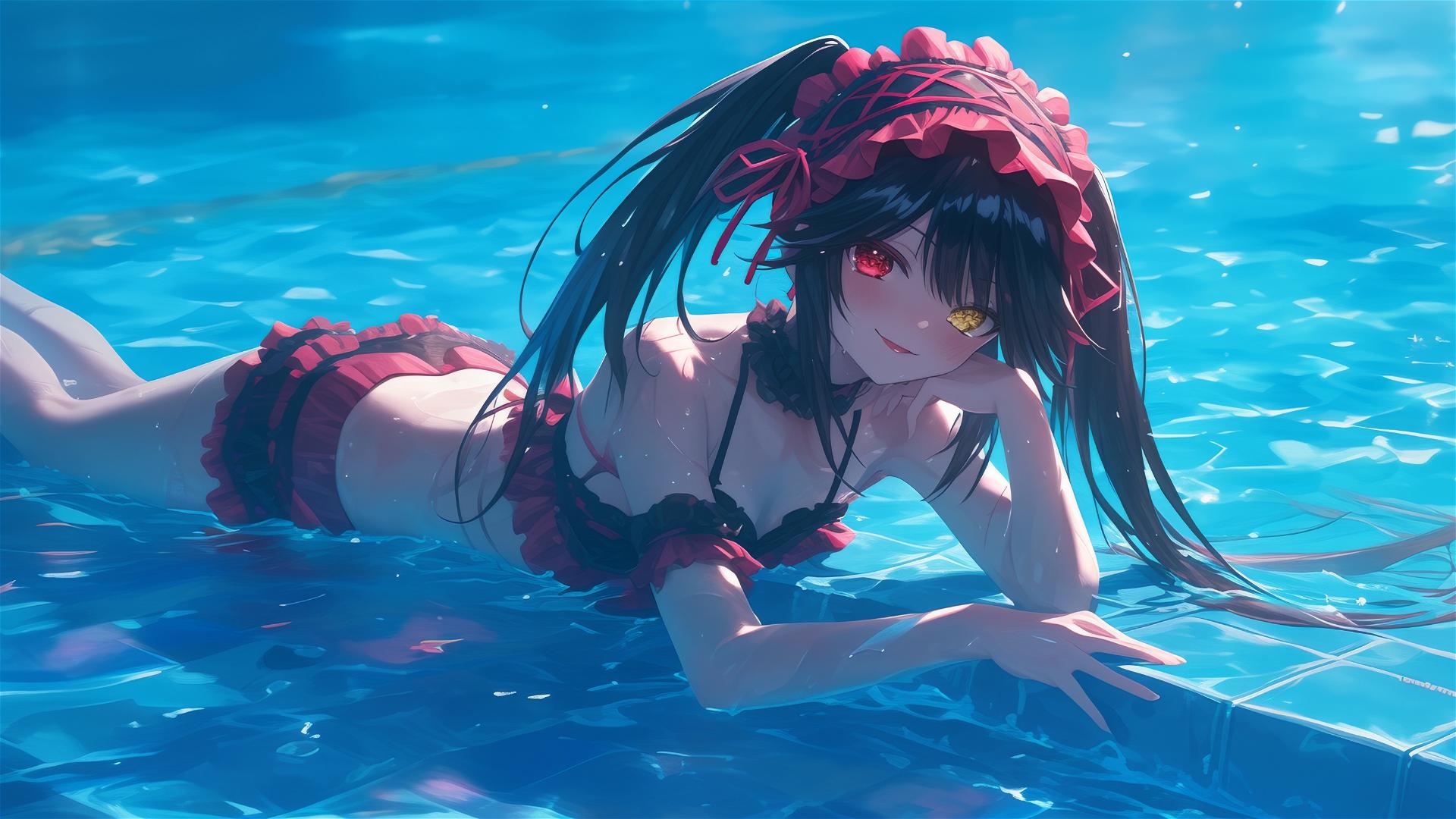 Kurumi Tokisaki from Date A Live swimming in moonlit pool
