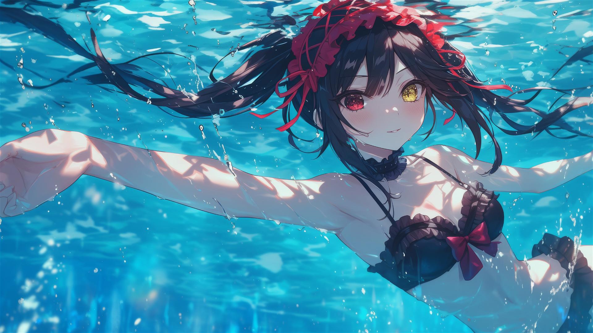 Kurumi Tokisaki leisurely swimming under moonlight