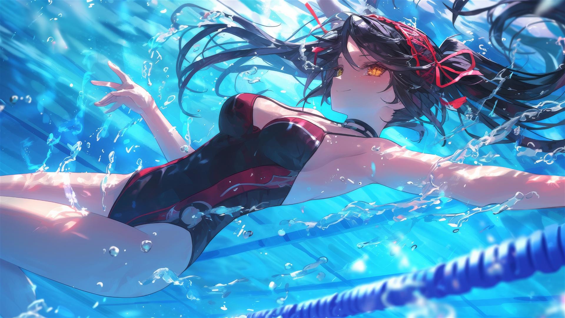 Kurumi Tokisaki from Date A Live swimming in moonlit pool