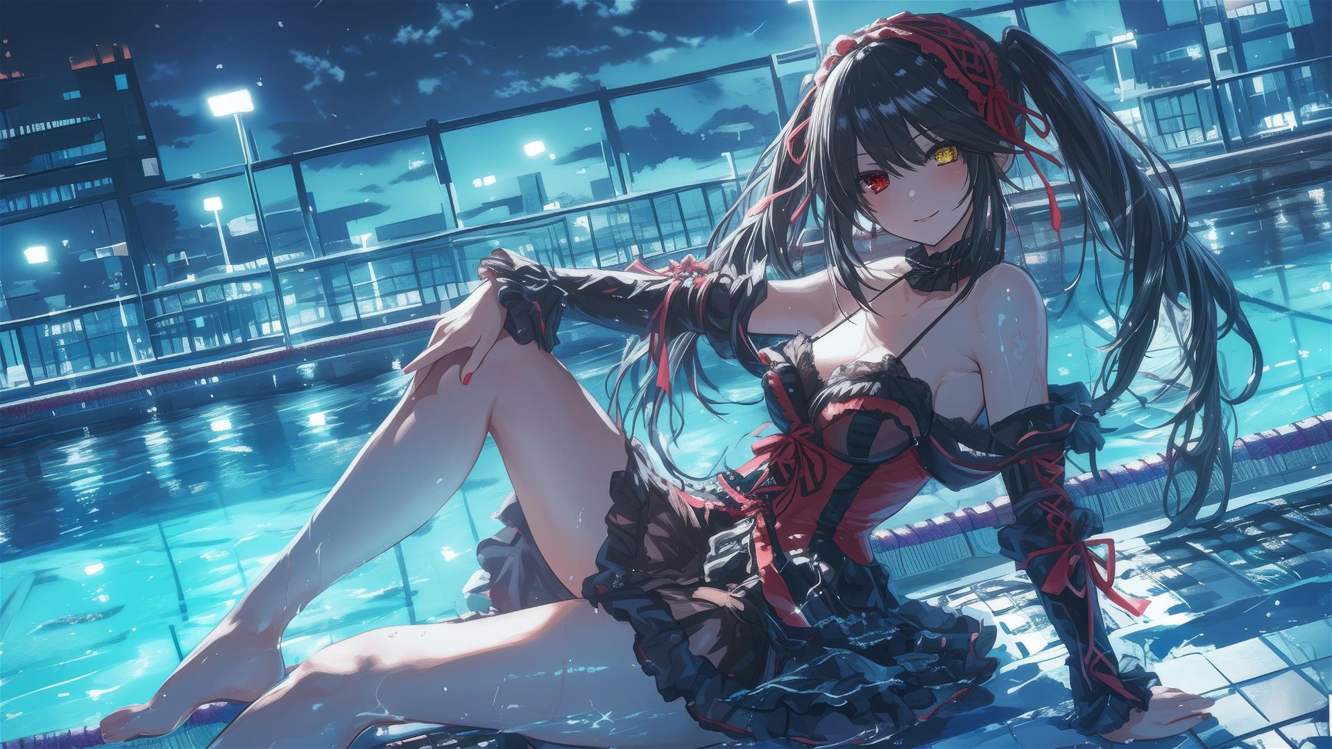 Kurumi Tokisaki from Date A Live by the pool under moonlight