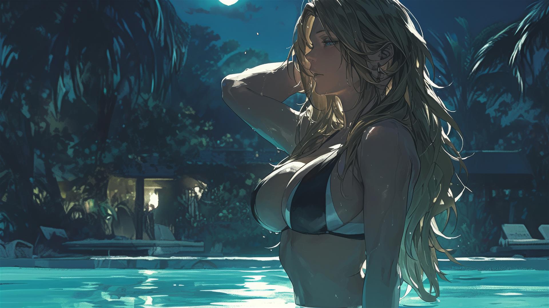 Rangiku Matsumoto by the pool under moonlight