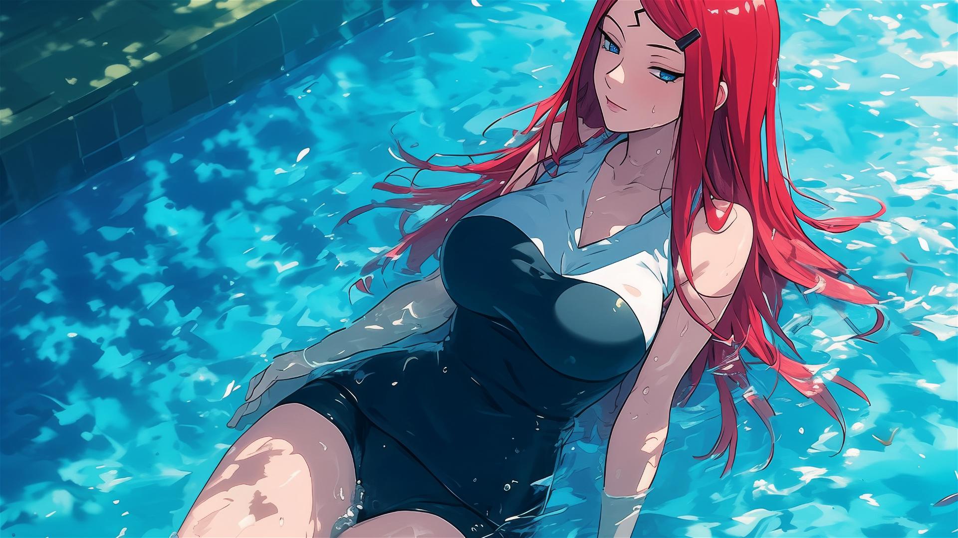 Kushina Uzumaki from Naruto Shippuden swimming in moonlit pool