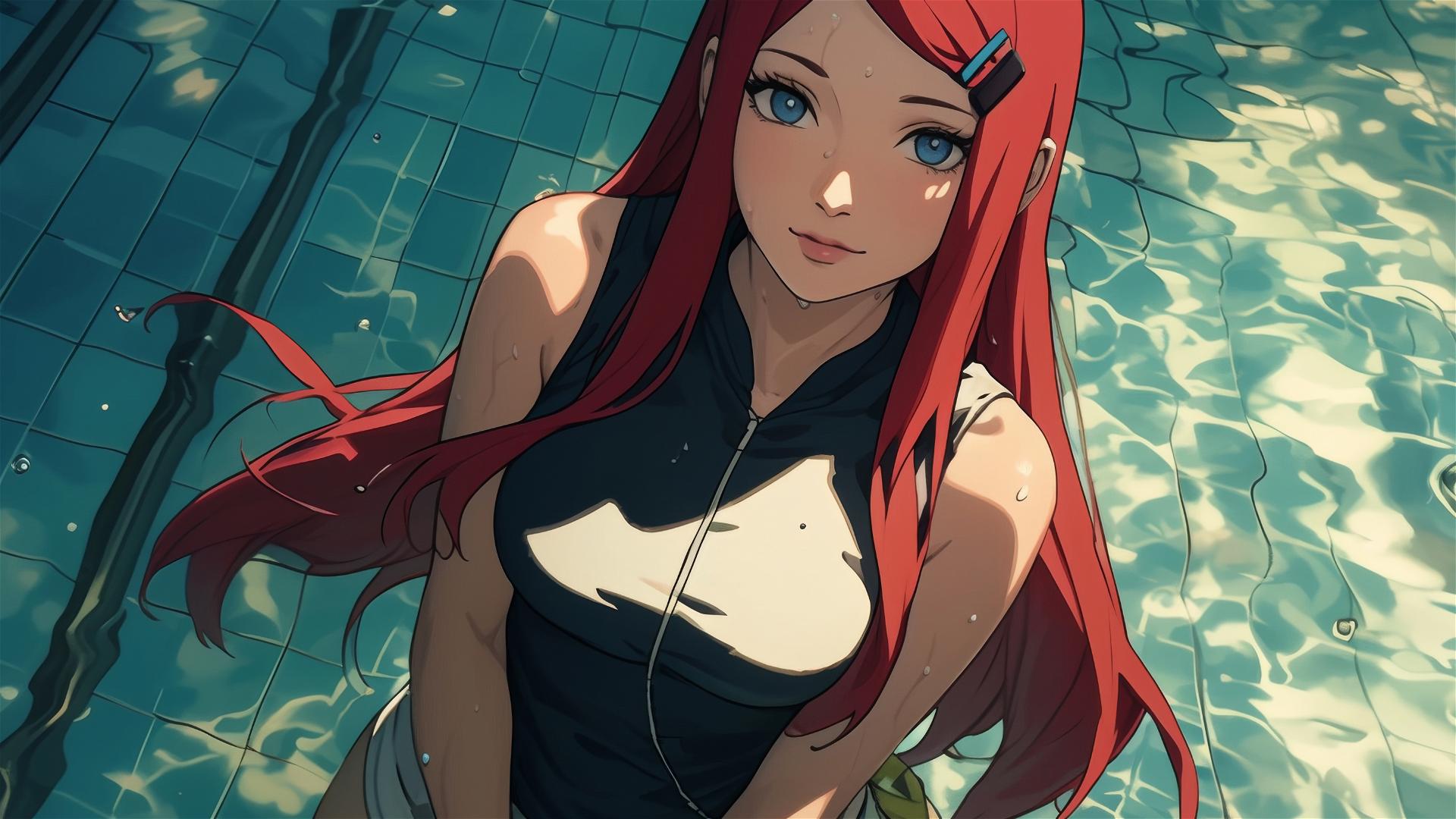 Kushina Uzumaki from Naruto swimming in moonlit pool