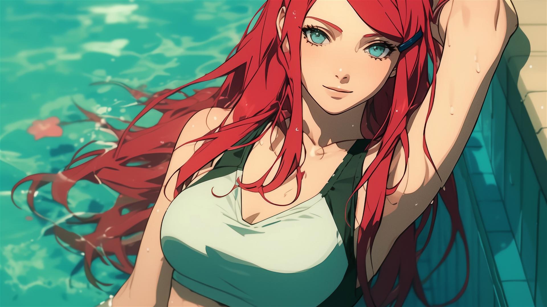 Kushina Uzumaki leisurely swimming in moonlit pool