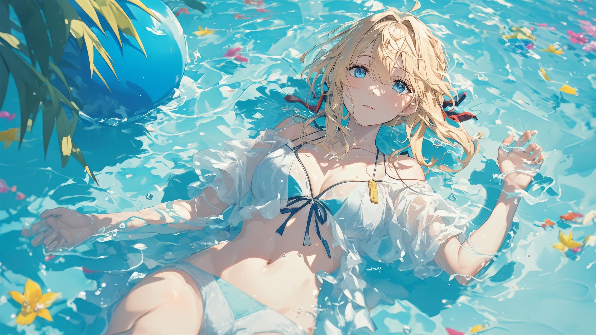 Violet Evergarden swimming in moonlit pool