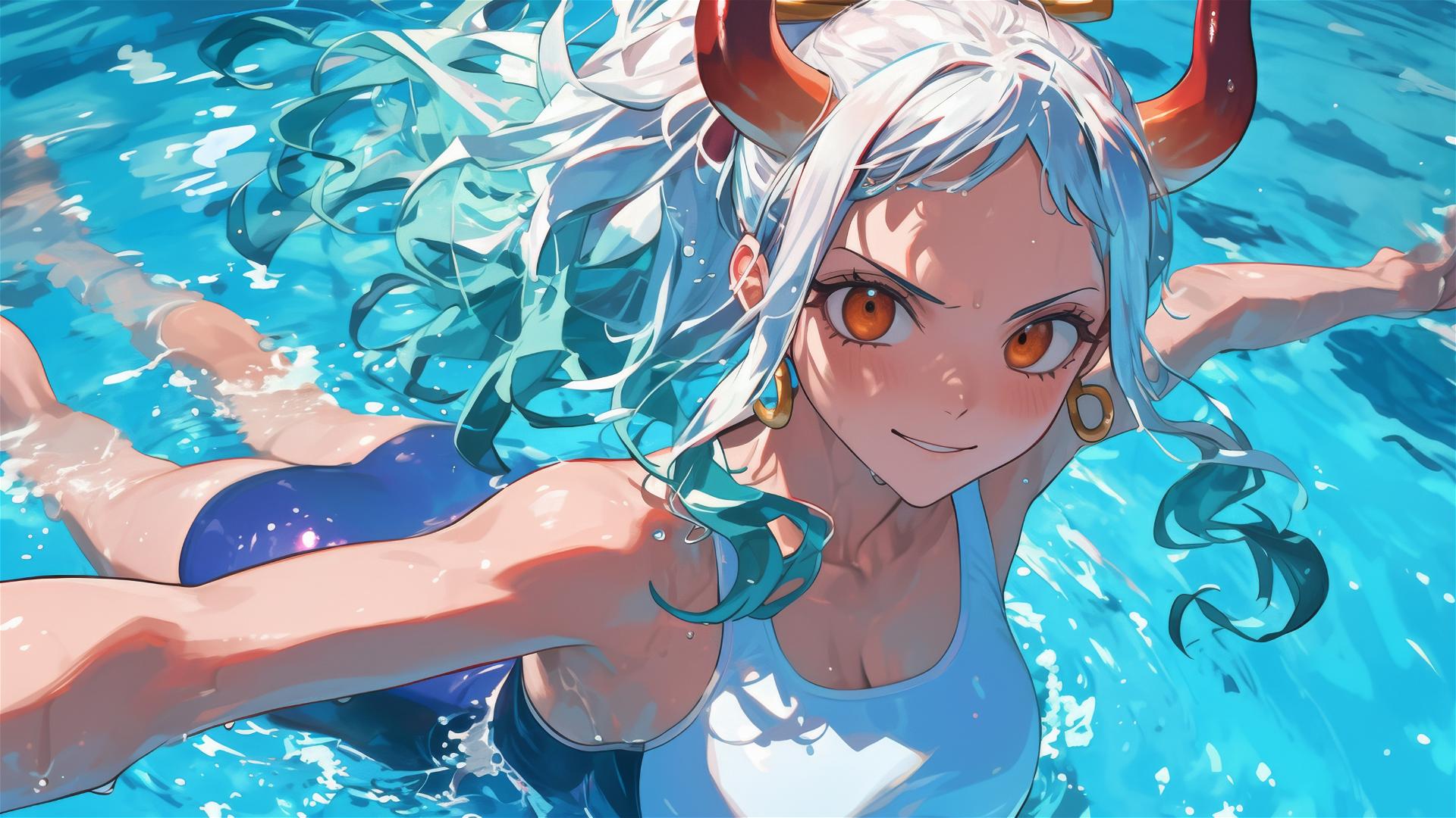 Yamato from One Piece swimming in pool under moonlight with orange eyes