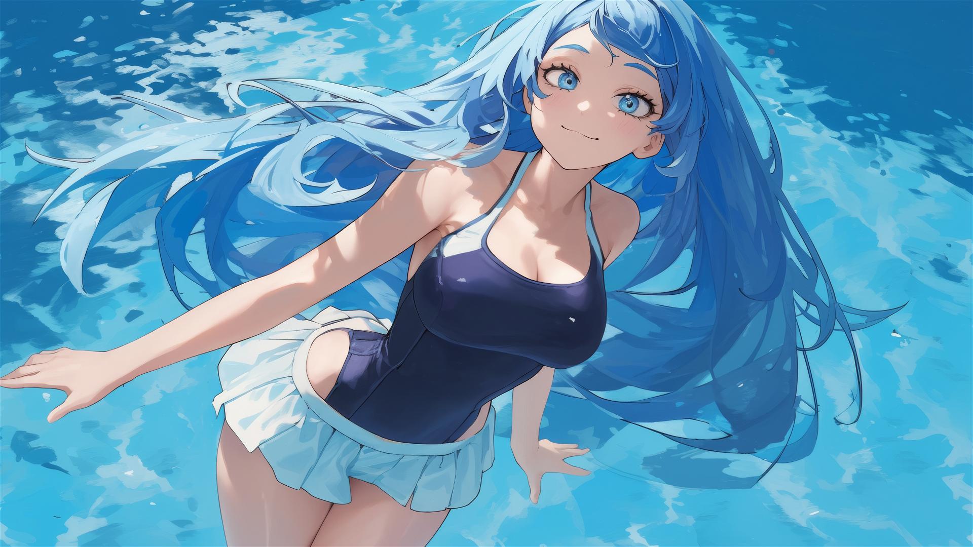 Nejire Hadou from My Hero Academia standing in a pool under moonlight, blue eyes