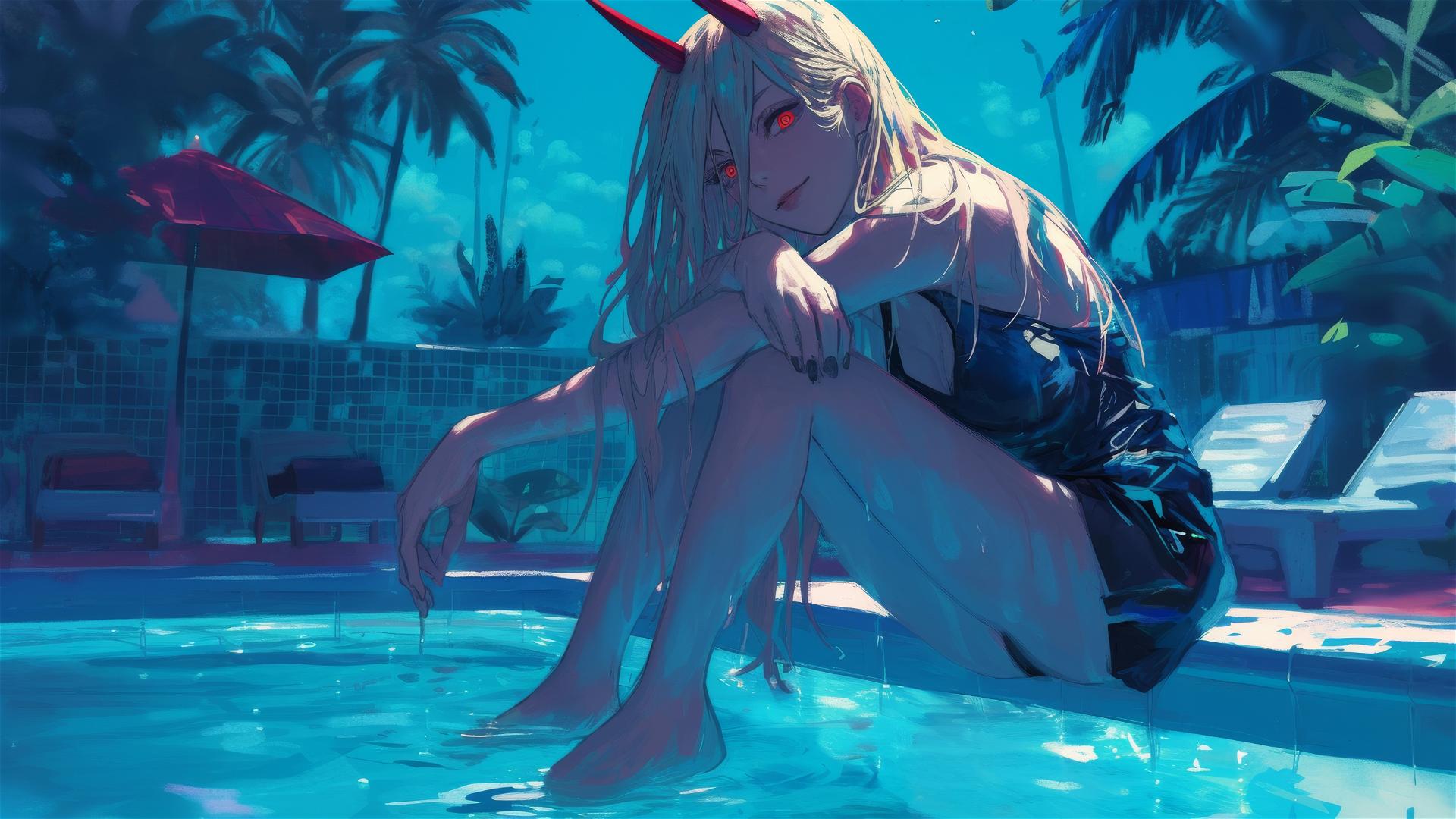 Power from Chainsaw Man resting by pool under moonlight