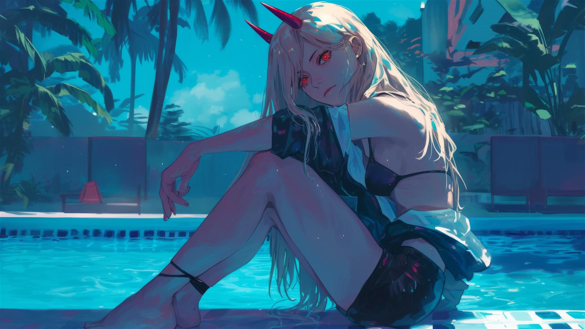 Power from Chainsaw Man resting by pool under moonlight