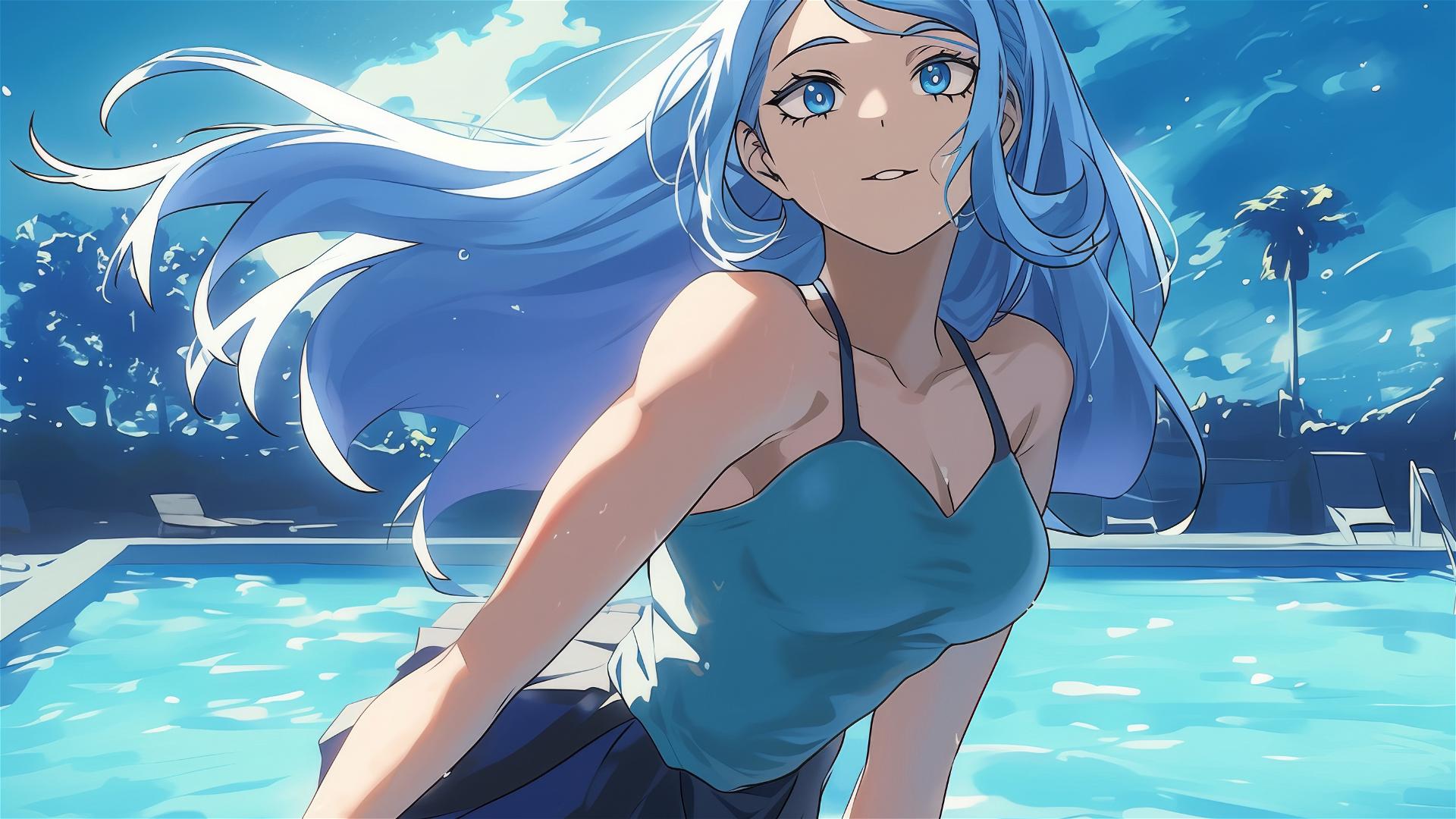 Nejire Hadou from My Hero Academia standing in a pool under moonlight, blue eyes shimmering