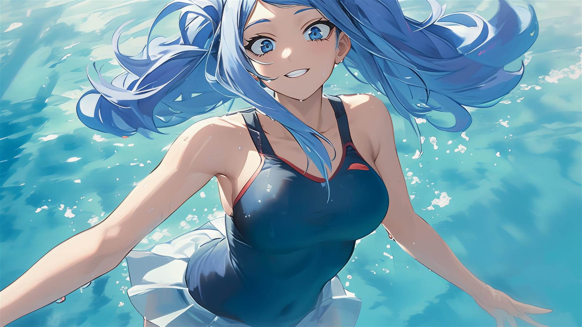 Nejire Hadou from My Hero Academia swimming in moonlit pool