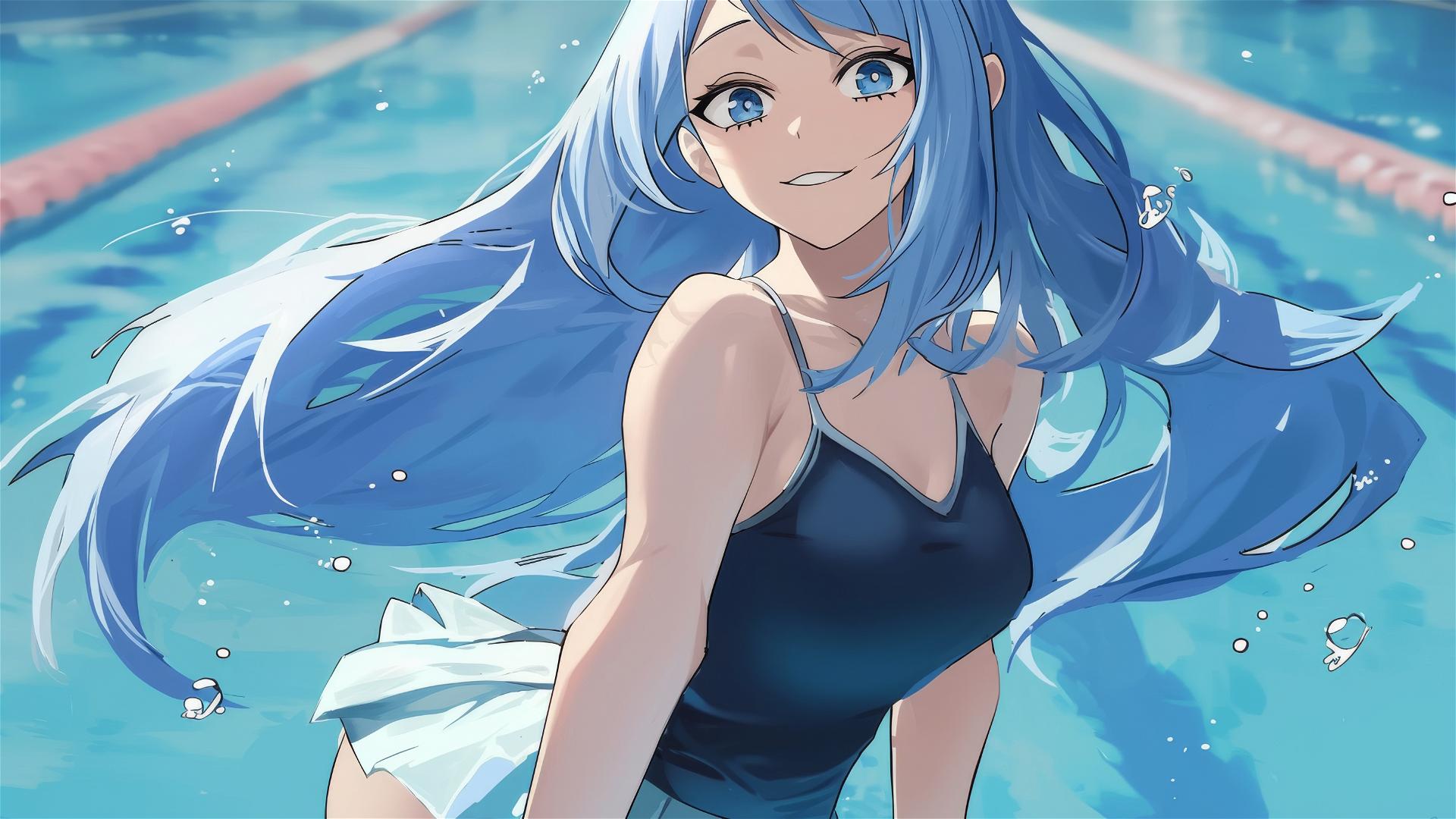 Nejire Hadou from My Hero Academia standing in a pool under moonlight, blue eyes shining